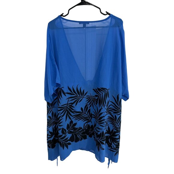 Jessica London Blue Sheer Tunic Top Black Floral Print Deep V Neck Size 24W - Picture 2 of 11